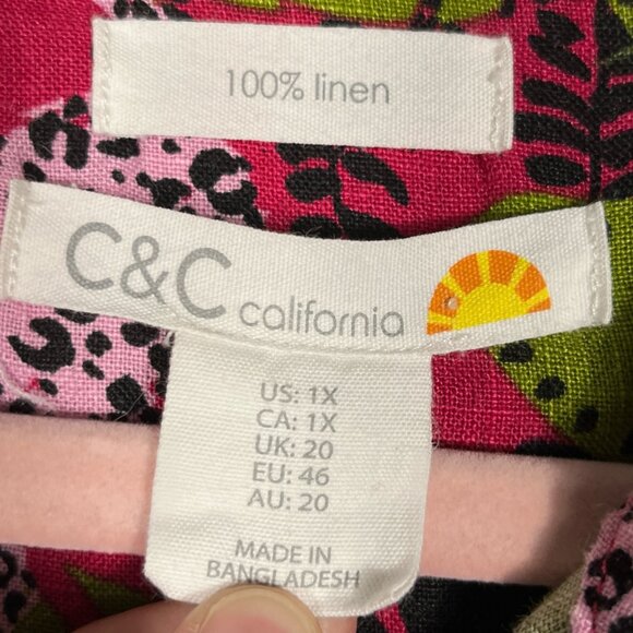 C&C California Womens Linen Button Up Shirt Size 1X Jungle Leopard Summer Resort - Picture 6 of 8